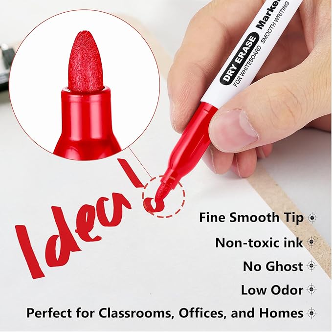 SFAIH Red Dry Erase Markers Fine Tip - 12 Pack Whiteboard Markers Standard Set For Grading Papers, Editing, Corrections & Important Highlights | Low-Odor