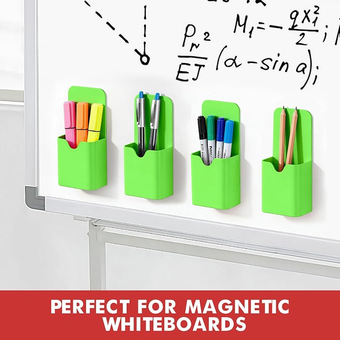 BEYGORM Magnetic Pen Holder for Refrigerator, Pencil Cup Organizer (Green) | Upgraded 1.5mm thick magnetic backing for whiteboards, lockers & fridge; 4 Pcs dry erase marker holder for classroom & office