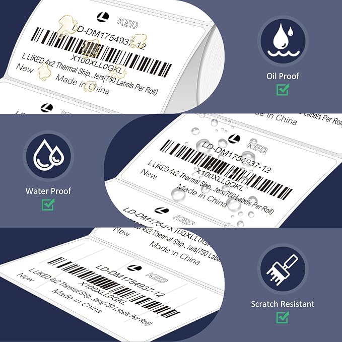 L LIKED 4" x 2" Direct Thermal Labels, 750 Barcode Shipping Labels | Permanent Adhesive, BPA Free, Block Old Information, Perforated, Compatible with Rollo, Zebra and Other Desktop Printers