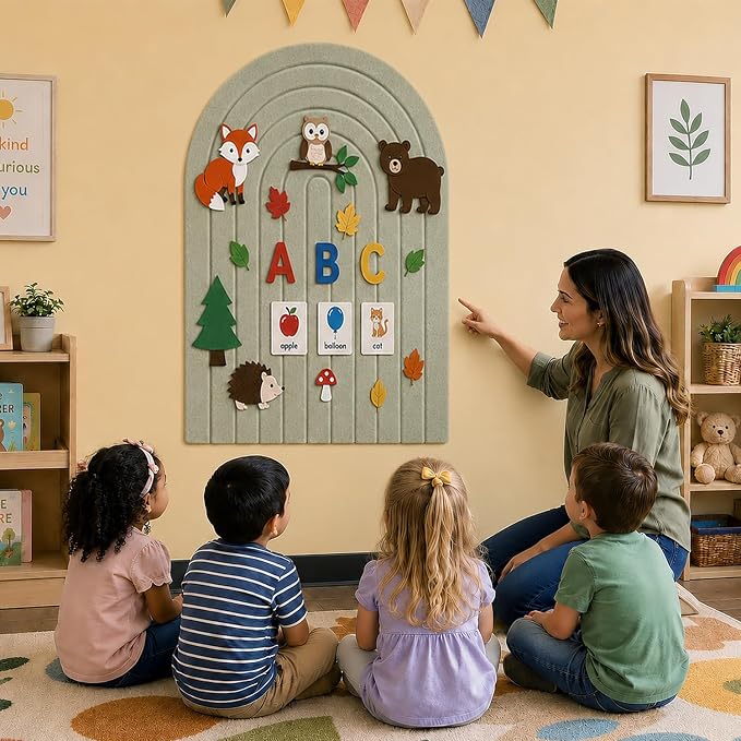 Large Arched Felt Bulletin Board, Sized 36" x 24" for Office & Wall Decor – 6 Customizable Adhesive Tiles with Pins are Perfect to Display Your Photos (Sage Green-A)