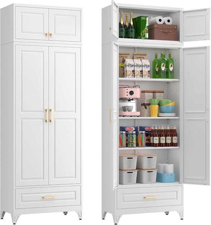90" Kitchen Pantry Cabinet, Metal Storage Cabinets with Drawer | Kitchen Cabinet with 4 Doors & 3 Adjustable Shelves, Tall Food Pantry Cabinet, Cupboard for Kitchen, Dining Room, Living Room
