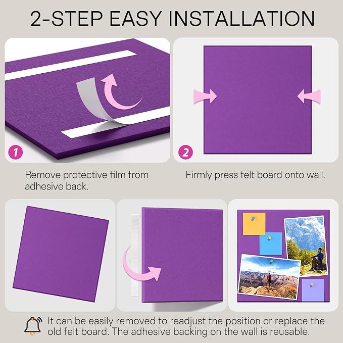 MaxGear Felt Bulletin Board 48" x 36", Violet Felt Wall Tiles Wall Decor | Modern Cork Board For Office Alternative, 12 Pack 11.8" x 11.8" Wall Panels With Push Pins, Vision Board Office & Home Decor