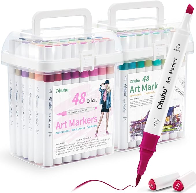 Ohuhu Alcohol Markers Brush& Chisel 96 Colors Drawing Markers for Coloring | Dual Tips Art Marker Set for Beginners, 94 Vibrant Colors& 2 Colorless Blender for Adult Drawing Sketching, Great Value Pack