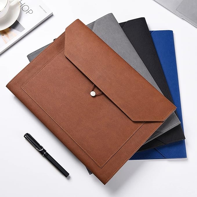 PU Leather A4 File Folder Document Holder 2 Pockets Portfolio Envelope Folder Case with Elastic String 3/4 Inch Expansion (Black&Brown)
