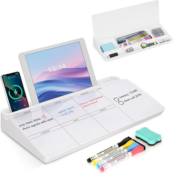 Desktop Glass Whiteboard with Storage, Weekly Calendar Desk White Board | Computer Keyboard Stand, Office Desk Organizers and Accessories with Drawer, To Do Memo Notepad, Home School Supplies