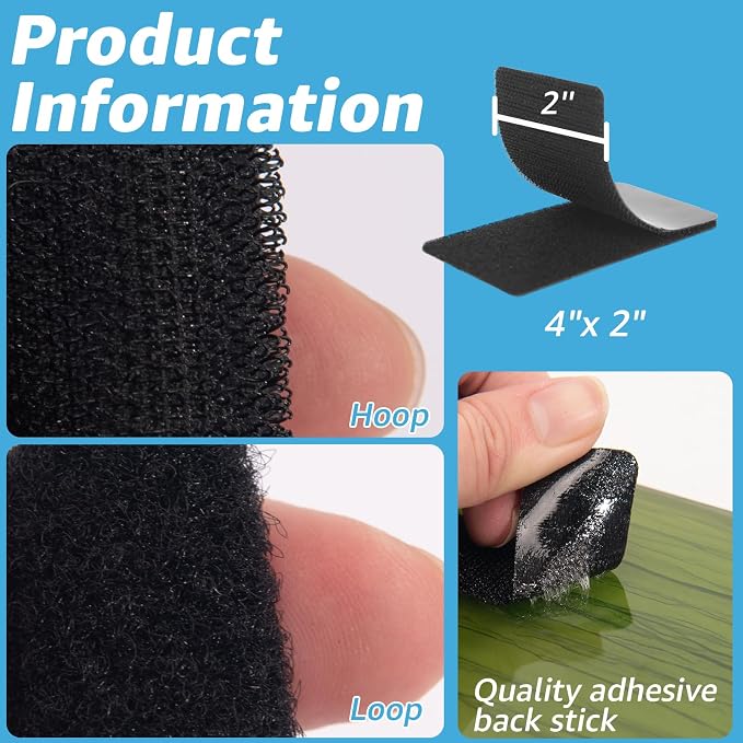 Art3d 20 Sets Hook and Loop Tape, 2"x 4" Sticky Back, Heavy Duty | Double-Sided, Adhesive Strip, Nylon, Picture Hanging Strips Fastener for Mounting Hanging, Glass, Tile, Metal, Home, Office