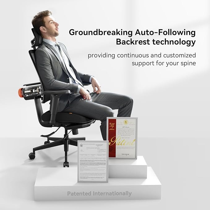 Ergonomic Home Office Chair-Office Desk Chair with Footrest, Auto-Following Backrest & Headrest, 4D Armrests, 96°-136° Recline (Black, with Laptop Table + 2D Headrest)