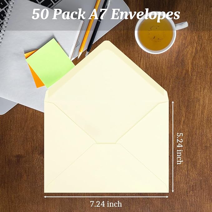 50 Pack A7 Envelopes, Ivory Greeting Card Envelopes, 5.24 x 7.24 inches Envelopes for Birthday Graduation Baby Shower Wedding Valentine's Day Invitation Cards