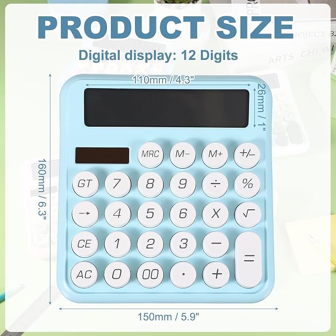PATIKIL Cute Calculator, Desk Calculator Basic Big Button 12 Digit Large Display Mechanical AAA Battery Solar Power for Office Supplies Girl Female Woman Gift, Blue