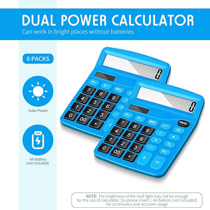 8 Pack 12 Digits Calculator Bulk Calculators Desktop Solar and Battery Dual Power Large LCD Display and Sensitive Butto Handheld for Office, School, Home(Dark Blue)