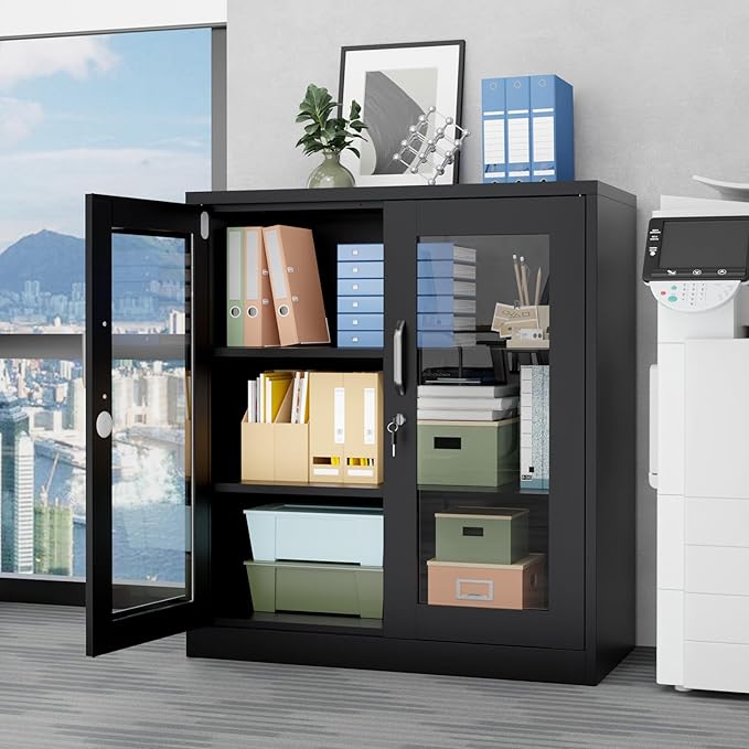 VINGLI Lockable Display Cabinet with Glass Door & 3ble Shelves, 35.5" H Metal Storage Cabinet Curio Liquor, Bookshelf Bookcase for Home Office Living Room Pantry Garage (Black)