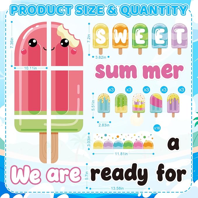49Pcs Summer Bulletin Board Decorations Set, Popsicle Classroom Door Decoration, We are Ready for A Sweet Summer Ice Pop Paper Cutouts for Back to School Office Chalkboard Home Wall Decor