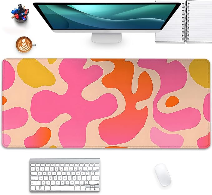 Pink Abstract Desk Mat Mouse Pad,Mouse Mad XL Cute Desk Pad Keyboard Mat,Desk Accessories for Women Office Decor, Extended Mousepad Non-Slip Rubber Base with Stitched Edges(27.5X11.8 in)