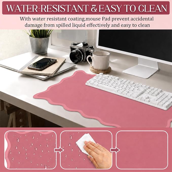 Hahafelt Scalloped Desk Mat Waterproof,Dark Pink,31.5 X 15.8 Inches | Coquette Preppy Style for School Office Makeup Vanity, Nonslip Gaming Desktop Protector with Scalloped Stitched Edge Mat