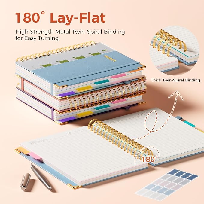 Line Hardcover Spiral Notebook with Removable Dividers Tabs & Ruler, 5 Subject Notebook College Ruled, 300 Page, Large 8"x10" B5 Notebooks for Work School, Lined Journal for Women, Light Blue