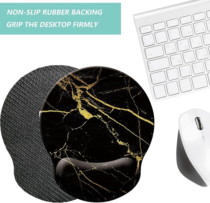 Mouse Pad with Wrist Support, Ergonomic Mouse Pad with Memory Foam Wrist Rest Cushion, Non-Slip Rubber Base Gaming Mice Pad for Home Office Computer Laptop, Black Golden Marble