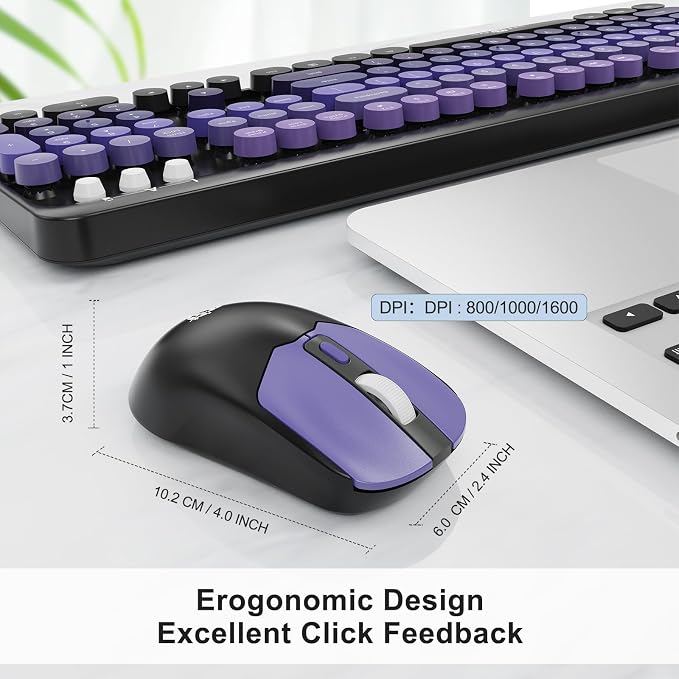 Wireless Keyboard and Mouse Combo, 104 Keys Full-Sized 2.4 GHz Round Keycap Colorful Keyboards, USB Receiver Plug and Play, for Windows, Mac, PC, Laptop, Desktop (Black Purple)