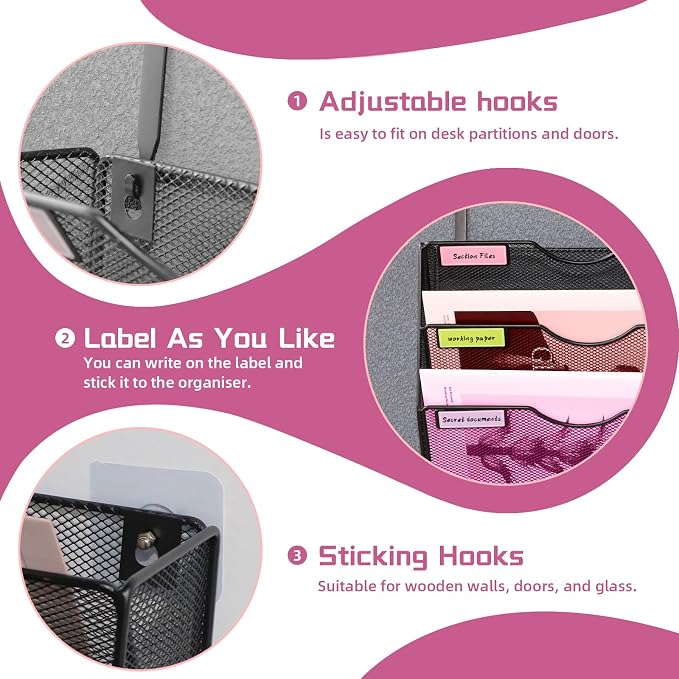 8 Pockets Mesh Wall File Holder Organizer Office Hanging File Folder Magazine Rack, Nametag Label Hooks Set Included (Black)