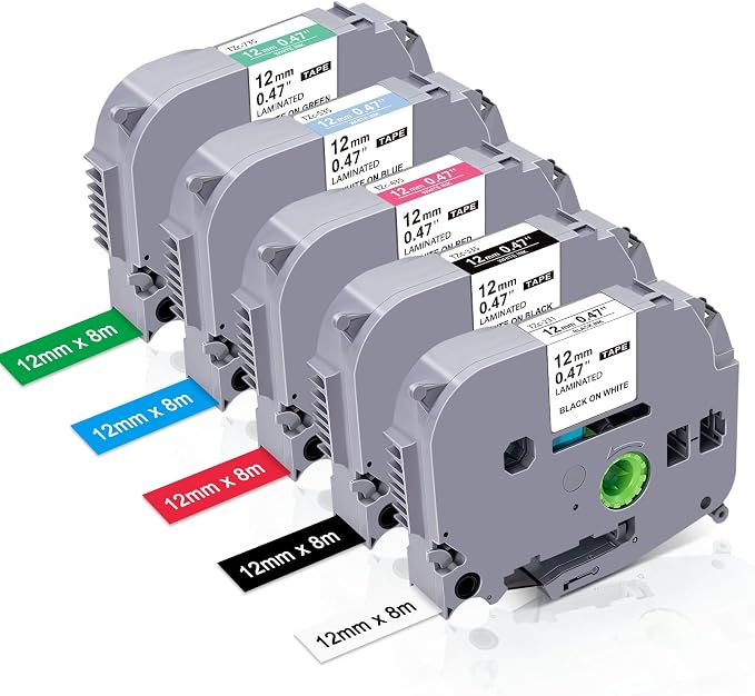 5 Multicolor TZ Tapes Replace for Brother P Touch Label Tape TZe | 12mm 0.47 Laminated Colored Tape TZe 231-735 White/Black/Red/Blue/Green for Brother Ptouch PTD210 PTP300BT PTD600 PT1280
