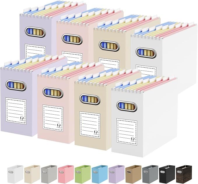 Portable Collapsible Cardboard File Box with Handle for Letter-Size | 8-Pack. Stainless Steel Handle. Label Stickers Included. Fits Letter Folders (Not Included). Home, Office, School, Dorm, Tax.