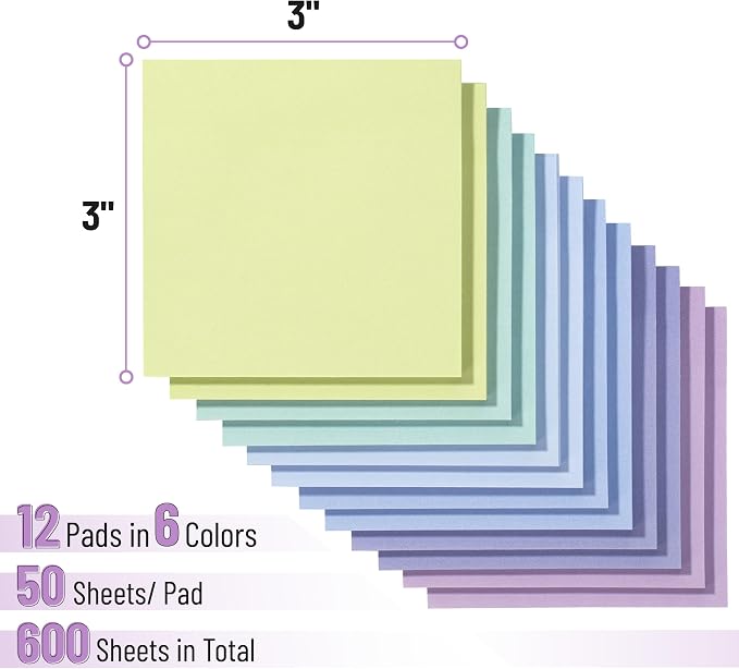 Mr. Pen- Sticky Notes, 3"x3", 12 Pads, 600 Sheets, Summer Colors | Sticky Notes Bulk, Self-Stick Note Pads, Perfect for Office, School, Home, Study & Organization