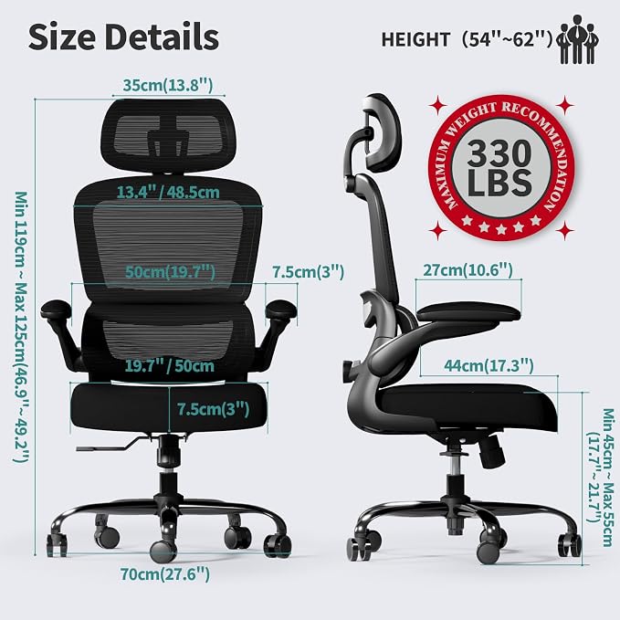 TRALT Office Chair Ergonomic Desk Chair - Gaming Chair with Lumbar Support | 330 LBS Home Office Desk Chairs with Headrest, Reading Chair with Flip-up Armrests, Comfortable Computer Chairs (10, Black)