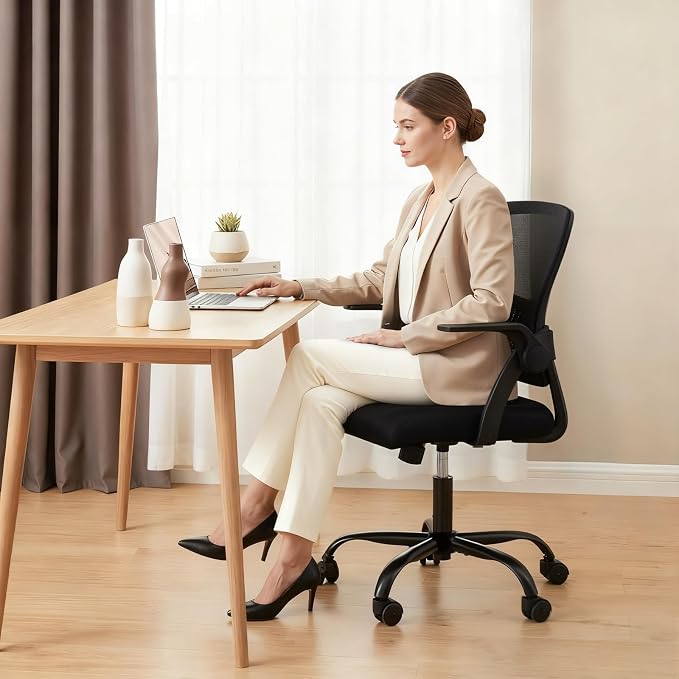 DUMOS Home Office Desk Chair, Computer Lumbar Support Chair | Ergonomic Mesh, Flip-up Armrest Height Adjustable, Rocking Mode 360 Swivel, Meeting Room, Black