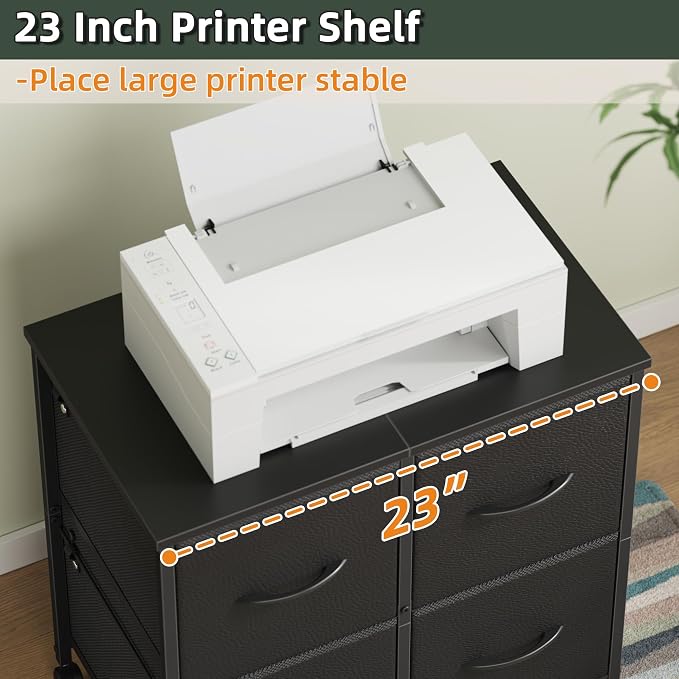 4 Drawer Mobile Lateral File Cabinet 23''W for Large Printer | Sturdy Metal Frame & Wood Top, Holds 50 Lbs, Casters, Fits Letter/A4 Size (No Legal), Fabric Drawer, Black