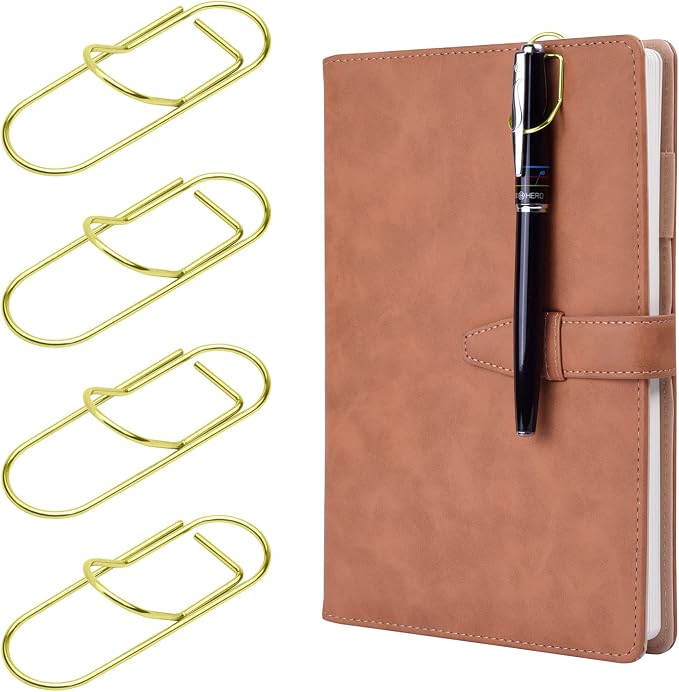 Wisdompro 12 Pack Paper Clip Pen Holder for Notebook, Journal, Gold | Stainless Steel, Large Paperclip Pencil Holder for Travelers Planner, Book, Binder, Clipboard, Bible, Fits Most Pen Sizes