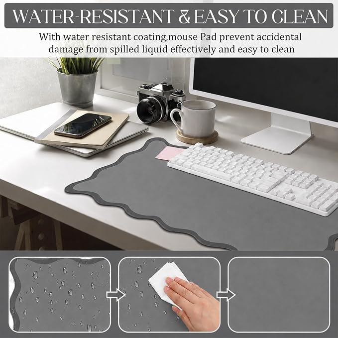 Hahafelt Scalloped Desk Mat Waterproof,Grey,31.5 X 15.8 Inches | Coquette Preppy Style for School Office Makeup Vanity, Nonslip Gaming Desktop Protector with Scalloped Stitched Edge Mat