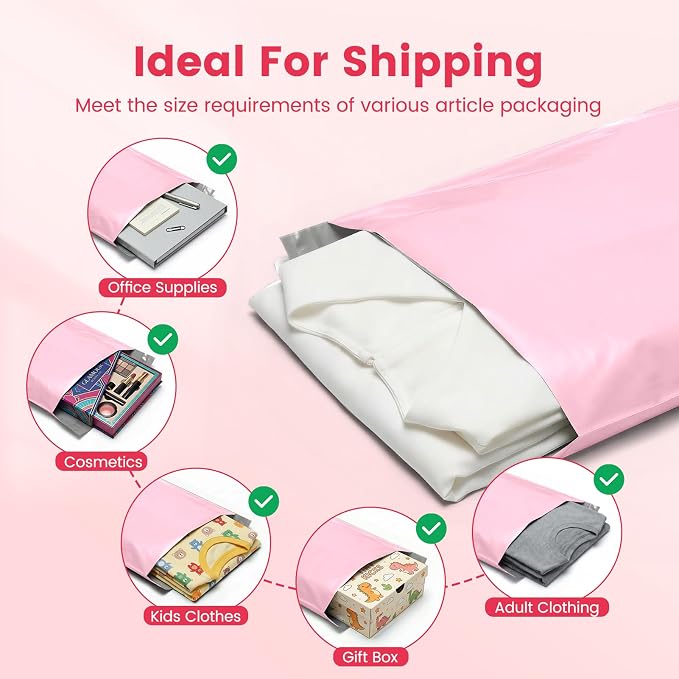 Metronic Poly Mailers 10x13 1000 Pack, Small Bulk Shipping Bags for Clothes | Heavy Duty Self Seal Waterproof Tear-resistant Packaging Bags, Mailing Envelopes for Clothing, Small Business, Light Pink.