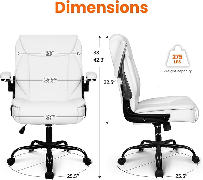 NEO CHAIR Office Desk Computer Chair Ergonomic Executive Mid-Back Leather Gaming Chair with Adjustable Flip-Up Armrests Wheels Swivel for Home Study Task (White)