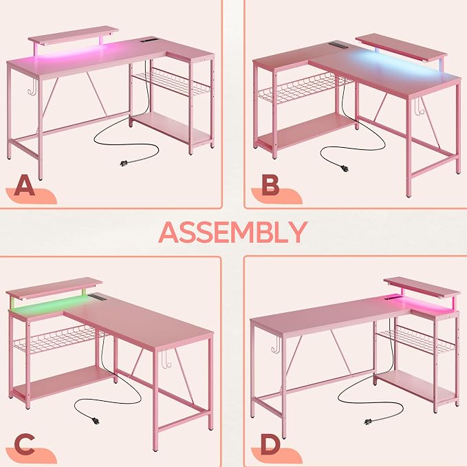 Bestier 52-Inch L-Shaped Gaming Desk with Charging & LED, Pink | Charging 3AC+2USB, RGB LED 20 Colors/22 Modes, Reversible Storage Shelves, Carbon Fiber Texture, Headphone Hook, 52 in