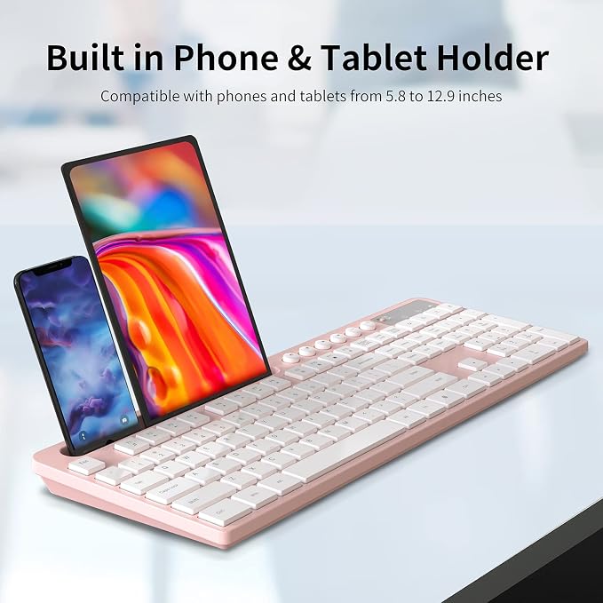 Wireless Keyboard and Mouse Combo, MARVO 2.4G Ergonomic Wireless Computer Keyboard with Phone Tablet Holder, Silent Mouse with 6 Button, Compatible with MacBook, Windows (Pink)