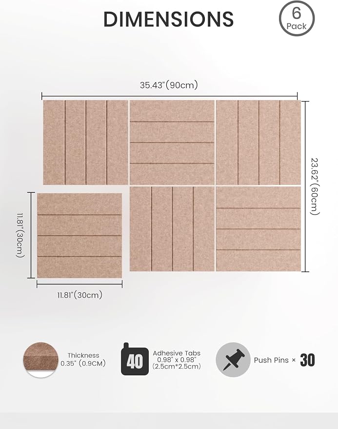 Bumusty 36" x 24" Large Cork Board Alternative, Terracotta | 6-Pack Felt Bulletin Board Tiles, 60 Adhesive Tabs, 30 Pushpins, Home, Office, Classroom, Vision Board
