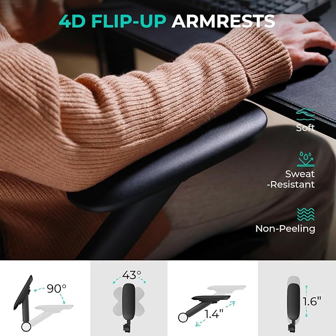 Ergonomic Mesh Office Chair, Adjustable Lumbar High Back Desk Chair 400lbs, 4D Flip-up Arms, 3-Level Tilt Backrest, 3D Headrest, PU Wheels, Swivel Rolling Computer Seating for Long Desk Work