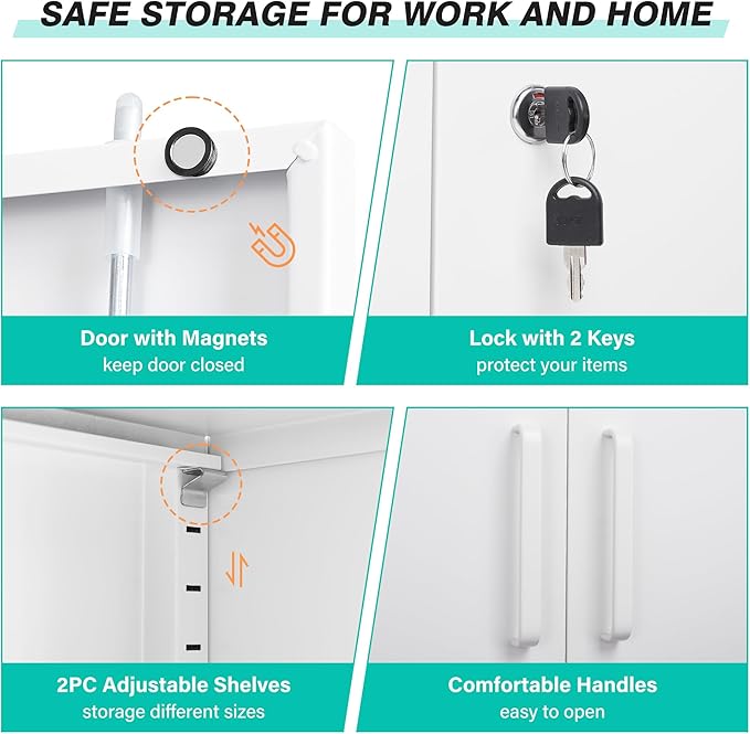 White Metal Storage Cabinet with Doors and Shelves,36 inch Small Metal Cabinet with Lock,Short Garage Storage Cabinets,Locking Steel Cupboard for Home,Office,Kitchen,Garages