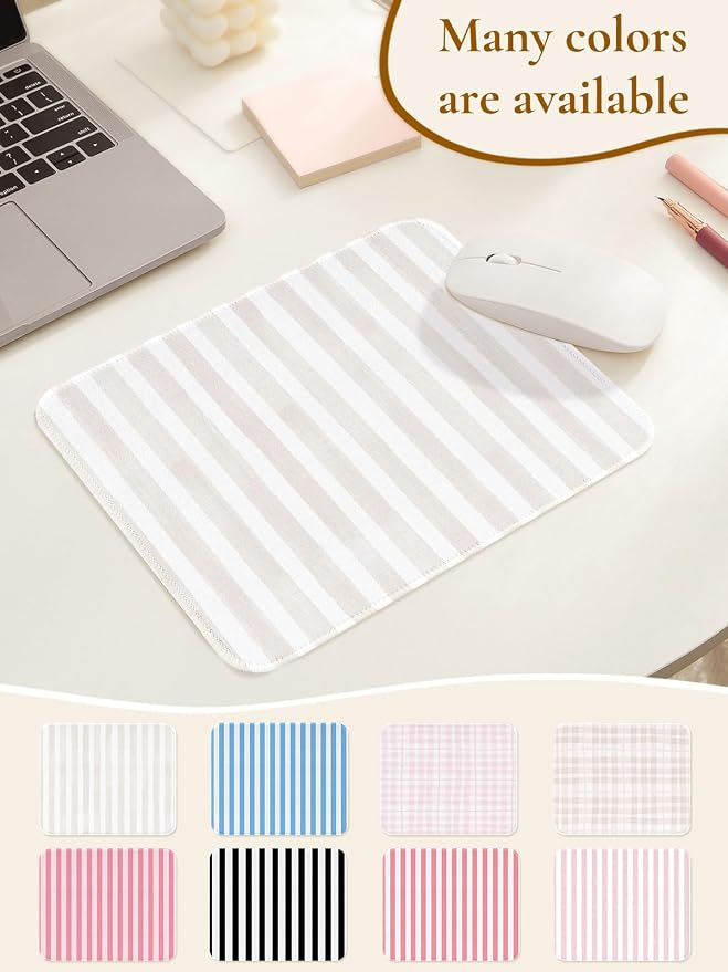 Square Cute Striped Mouse Pad with Stitched Edge, Premium Waterproof Cloth Aesthetic Small Mouse Mat, Non-Slip Rubber Base Simple Funny Mousepad Desk Accessories,Beige and White