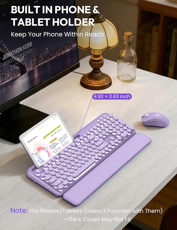 Wireless Keyboard and Mouse, Backlit Typewriter with Magnetic Wrist Rest | Phone Holder, Light Up Round Keycaps, Lighting Mouse, 2.4GHz Cordless Set for Mac, Windows, PC, Laptop, SABLUTE