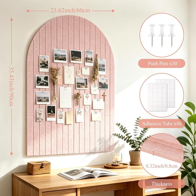Large Arched Felt Bulletin Board, 35''x24''-6 Pack Cork Board with 30 Pushpins & 48 Residue-Free Adhesive Tabs, Decorative Photo Picture Board for Home Office School Wall