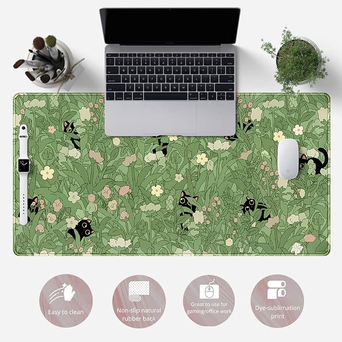 YKJWW Green Desk Mat Cat Cute Flower Plant Cool Desk Pad XXL Keyboard Mat | Desk Mat for Women Office Gamer Home Decor Supplies Desk Accessories Pad Non-Slip Mousepad with Stitched Edge Mat 31.5x15.7in