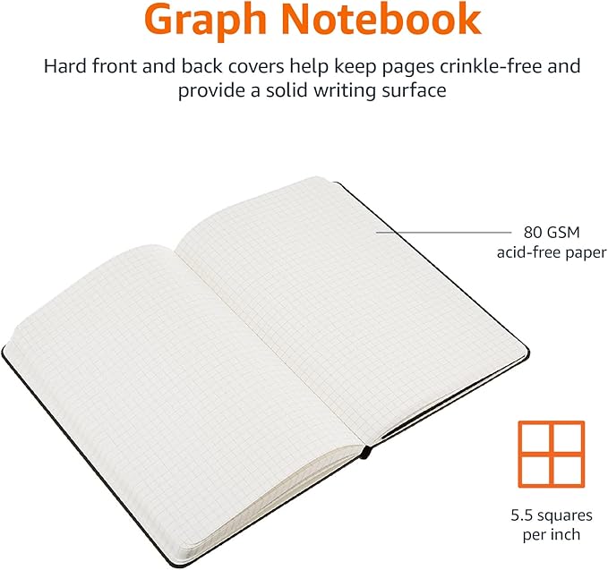 Amazon Basics Classic Grid Notebook for Writing and Note Taking, Hardcover, Graph Ruled, 240 Pages, 5" x 8.25", Black (Pack of 2)