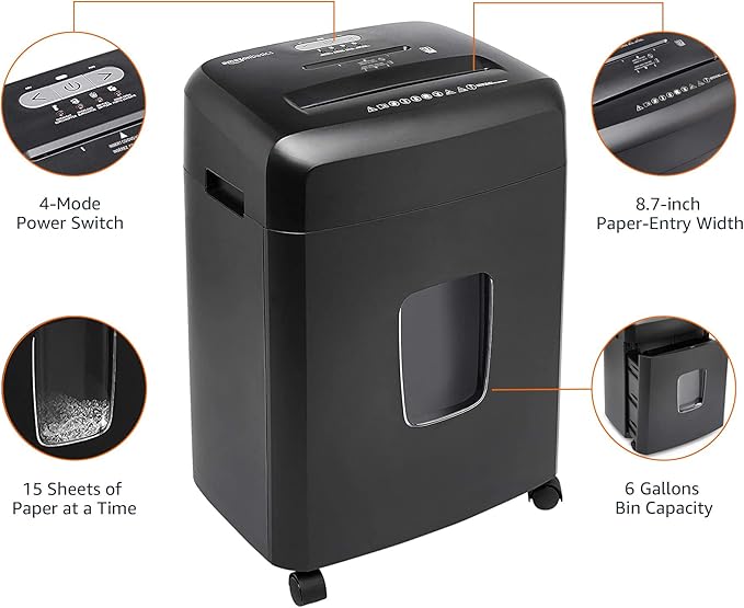 Amazon Basics 15-Sheet Cross Cut Paper Shredder for Home and Office, CD/Credit Card Shredder with 6 Gallon Wastebasket, Black