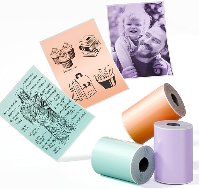 Phomemo 3 Colors Sticker Paper- Glossy Printable Sticker for Phomemo T02/T02Pro/Q02E/M02X/Y02C/Q02/M02L Mini Printer, Green/Purple/Orange, 50mm x3.5m, Diameter 28mm, 3-Rolls, Image Time 20 Years