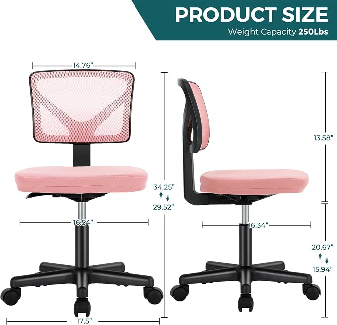 DUMOS Armless Desk Chairs, Small Home Office Mesh Chairs | Ergonomic Adjustable Mid Back, Swivel Rolling Task, Computer Work Vanity Small Spaces, Pink