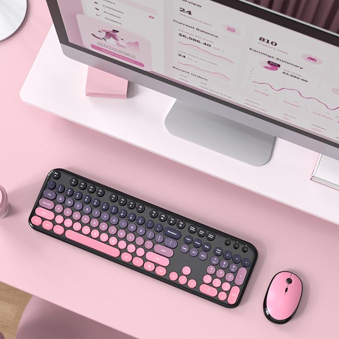 MOFII Wireless Keyboard and Mouse Combo,2.4G Typewriter Keyboard Quiet Mice | Retro Full Size Computer Keyboards, Cute Mouse, USB Dongle Plug and Play, for PC,Laptop,Desktop,Windows (Plum Pink Gradient)