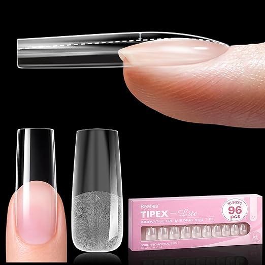 Beetles Tipex Lite Instant Apex Nail Tips, Long Square, 16 Sizes | 00–14, Built-in Apex Acrylic Tips for Flat & Natural Nail Beds, Beginner-Friendly Easy DIY Nail Extensions