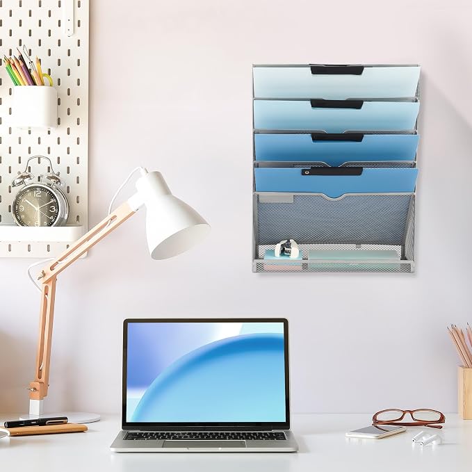 6 Tier Mesh Hanging Wall File Organizer, Desk Vertical Mail Paper Document Folder Holder Rack with Bottom Tray and Nametag Label for Office Home School, Gray