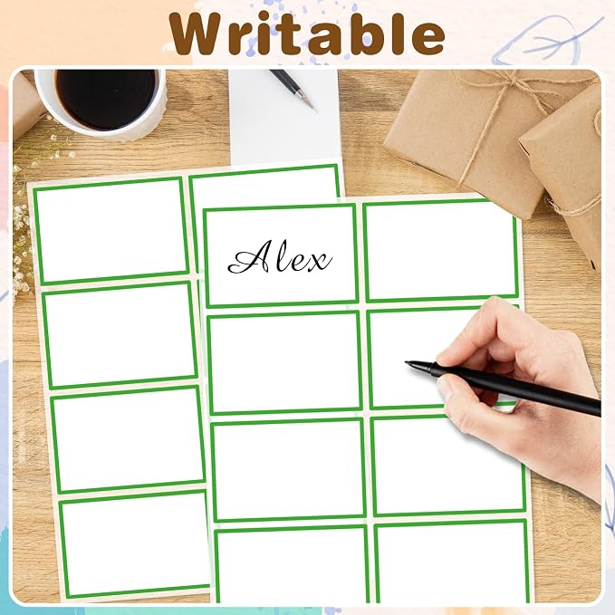 Starboling Name Tag Stickers, 200 Pcs 3"x2" Green Plain Stickers With Colorful Border, For Office, School & Home