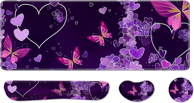 Desk Pad and Keyboard Wrist Rest, Large Mouse Pad + Keyboard Pad+Mouse Wrist Support, Non-Slip Desk Mat Protector for Office, Home 31.5×11.8 Inches Purple Butterfly